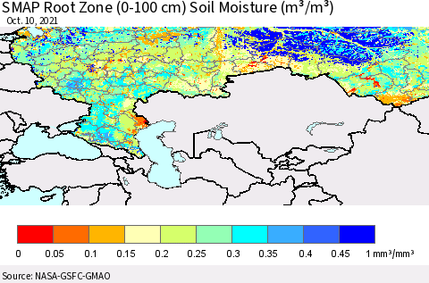 Russian Federation SMAP Root Zone (0-100 cm) Soil Moisture (m³/m³) Thematic Map For 10/6/2021 - 10/10/2021