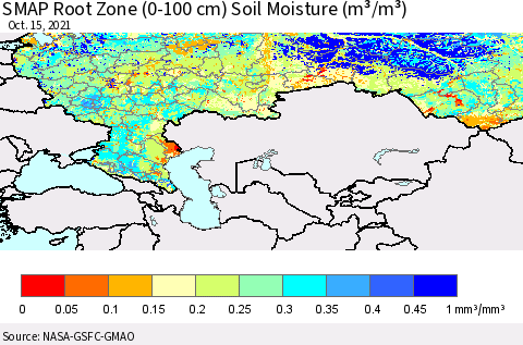 Russian Federation SMAP Root Zone (0-100 cm) Soil Moisture (m³/m³) Thematic Map For 10/11/2021 - 10/15/2021