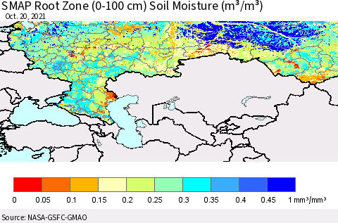 Russian Federation SMAP Root Zone (0-100 cm) Soil Moisture (m³/m³) Thematic Map For 10/16/2021 - 10/20/2021