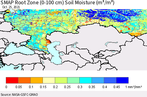Russian Federation SMAP Root Zone (0-100 cm) Soil Moisture (m³/m³) Thematic Map For 10/21/2021 - 10/25/2021