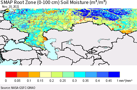 Russian Federation SMAP Root Zone (0-100 cm) Soil Moisture (m³/m³) Thematic Map For 11/16/2021 - 11/20/2021