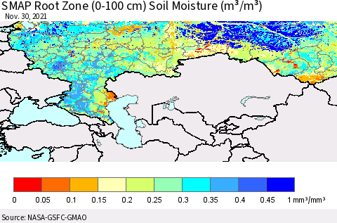 Russian Federation SMAP Root Zone (0-100 cm) Soil Moisture (m³/m³) Thematic Map For 11/26/2021 - 11/30/2021