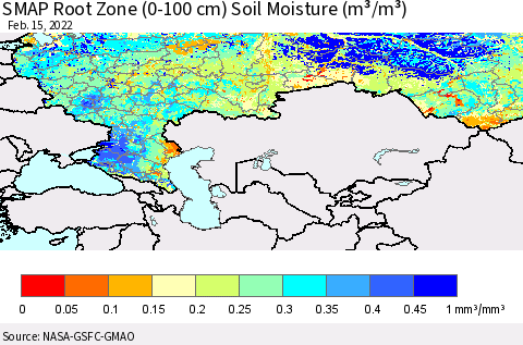 Russian Federation SMAP Root Zone (0-100 cm) Soil Moisture (m³/m³) Thematic Map For 2/11/2022 - 2/15/2022