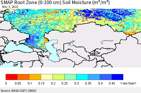 Russian Federation SMAP Root Zone (0-100 cm) Soil Moisture (m³/m³) Thematic Map For 3/1/2022 - 3/5/2022