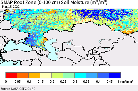 Russian Federation SMAP Root Zone (0-100 cm) Soil Moisture (m³/m³) Thematic Map For 3/11/2022 - 3/15/2022