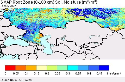 Russian Federation SMAP Root Zone (0-100 cm) Soil Moisture (m³/m³) Thematic Map For 4/1/2022 - 4/5/2022