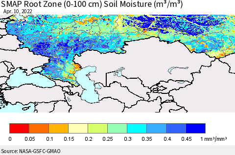 Russian Federation SMAP Root Zone (0-100 cm) Soil Moisture (m³/m³) Thematic Map For 4/6/2022 - 4/10/2022