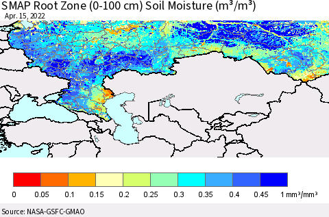 Russian Federation SMAP Root Zone (0-100 cm) Soil Moisture (m³/m³) Thematic Map For 4/11/2022 - 4/15/2022