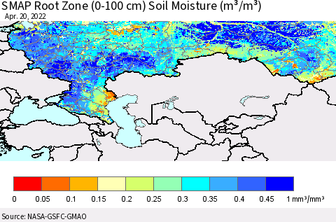 Russian Federation SMAP Root Zone (0-100 cm) Soil Moisture (m³/m³) Thematic Map For 4/16/2022 - 4/20/2022