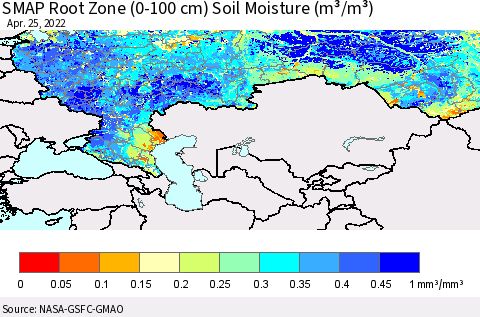 Russian Federation SMAP Root Zone (0-100 cm) Soil Moisture (m³/m³) Thematic Map For 4/21/2022 - 4/25/2022