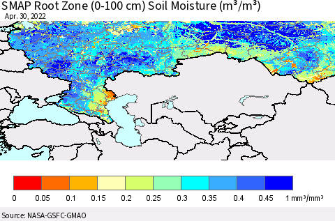 Russian Federation SMAP Root Zone (0-100 cm) Soil Moisture (m³/m³) Thematic Map For 4/26/2022 - 4/30/2022