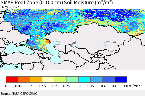 Russian Federation SMAP Root Zone (0-100 cm) Soil Moisture (m³/m³) Thematic Map For 5/1/2022 - 5/5/2022