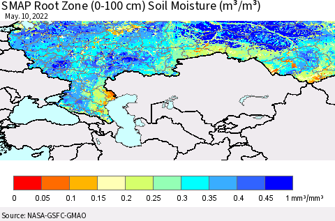 Russian Federation SMAP Root Zone (0-100 cm) Soil Moisture (m³/m³) Thematic Map For 5/6/2022 - 5/10/2022