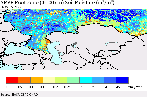Russian Federation SMAP Root Zone (0-100 cm) Soil Moisture (m³/m³) Thematic Map For 5/11/2022 - 5/15/2022