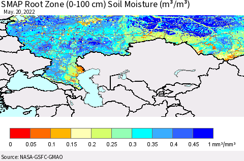 Russian Federation SMAP Root Zone (0-100 cm) Soil Moisture (m³/m³) Thematic Map For 5/16/2022 - 5/20/2022
