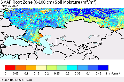 Russian Federation SMAP Root Zone (0-100 cm) Soil Moisture (m³/m³) Thematic Map For 5/21/2022 - 5/25/2022