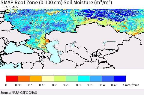 Russian Federation SMAP Root Zone (0-100 cm) Soil Moisture (m³/m³) Thematic Map For 6/1/2022 - 6/5/2022