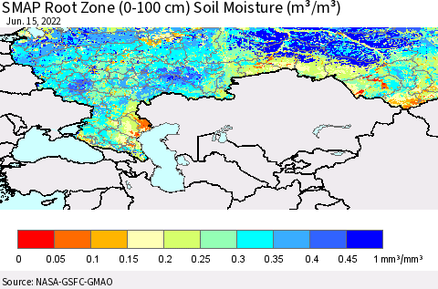 Russian Federation SMAP Root Zone (0-100 cm) Soil Moisture (m³/m³) Thematic Map For 6/11/2022 - 6/15/2022