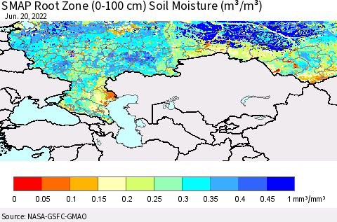 Russian Federation SMAP Root Zone (0-100 cm) Soil Moisture (m³/m³) Thematic Map For 6/16/2022 - 6/20/2022
