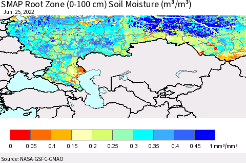 Russian Federation SMAP Root Zone (0-100 cm) Soil Moisture (m³/m³) Thematic Map For 6/21/2022 - 6/25/2022