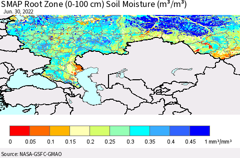 Russian Federation SMAP Root Zone (0-100 cm) Soil Moisture (m³/m³) Thematic Map For 6/26/2022 - 6/30/2022