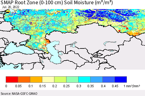 Russian Federation SMAP Root Zone (0-100 cm) Soil Moisture (m³/m³) Thematic Map For 7/16/2022 - 7/20/2022