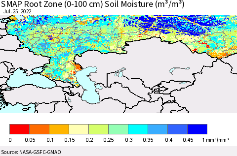Russian Federation SMAP Root Zone (0-100 cm) Soil Moisture (m³/m³) Thematic Map For 7/21/2022 - 7/25/2022