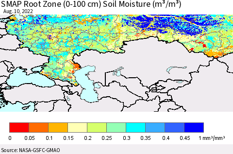 Russian Federation SMAP Root Zone (0-100 cm) Soil Moisture (m³/m³) Thematic Map For 8/6/2022 - 8/10/2022