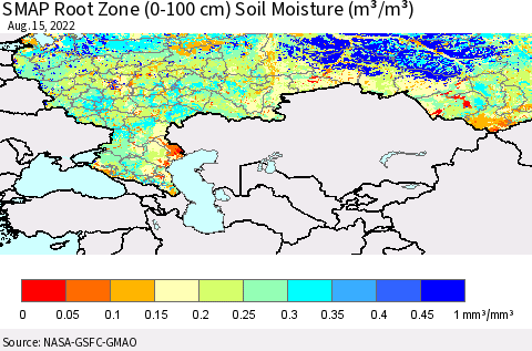 Russian Federation SMAP Root Zone (0-100 cm) Soil Moisture (m³/m³) Thematic Map For 8/11/2022 - 8/15/2022
