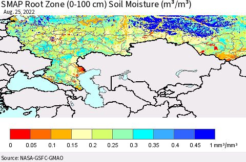 Russian Federation SMAP Root Zone (0-100 cm) Soil Moisture (m³/m³) Thematic Map For 8/21/2022 - 8/25/2022