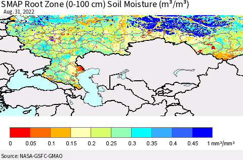 Russian Federation SMAP Root Zone (0-100 cm) Soil Moisture (m³/m³) Thematic Map For 8/26/2022 - 8/31/2022