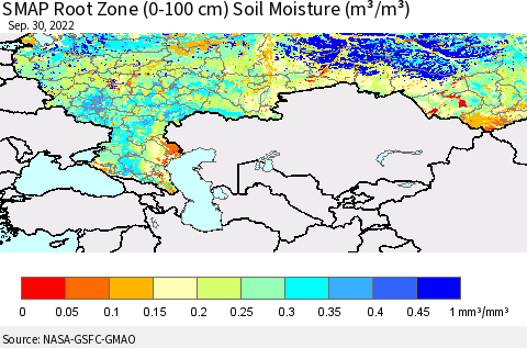 Russian Federation SMAP Root Zone (0-100 cm) Soil Moisture (m³/m³) Thematic Map For 9/26/2022 - 9/30/2022