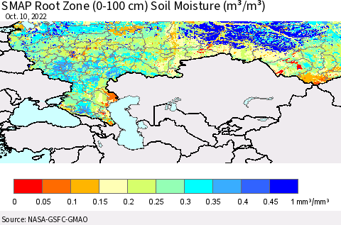 Russian Federation SMAP Root Zone (0-100 cm) Soil Moisture (m³/m³) Thematic Map For 10/6/2022 - 10/10/2022