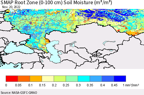 Russian Federation SMAP Root Zone (0-100 cm) Soil Moisture (m³/m³) Thematic Map For 11/16/2022 - 11/20/2022