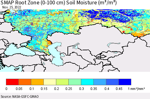 Russian Federation SMAP Root Zone (0-100 cm) Soil Moisture (m³/m³) Thematic Map For 11/21/2022 - 11/25/2022