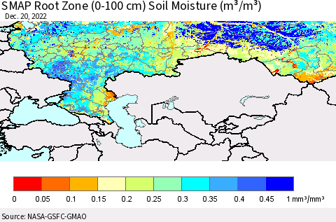 Russian Federation SMAP Root Zone (0-100 cm) Soil Moisture (m³/m³) Thematic Map For 12/16/2022 - 12/20/2022