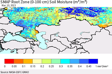 Russian Federation SMAP Root Zone (0-100 cm) Soil Moisture (m³/m³) Thematic Map For 3/6/2023 - 3/10/2023