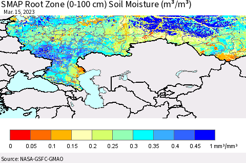 Russian Federation SMAP Root Zone (0-100 cm) Soil Moisture (m³/m³) Thematic Map For 3/11/2023 - 3/15/2023