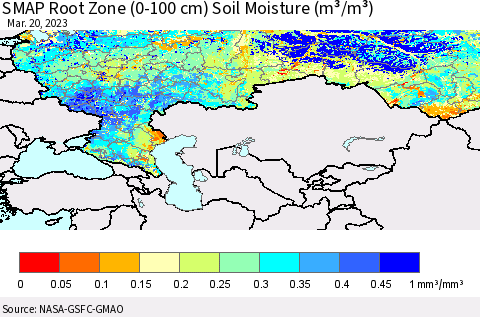 Russian Federation SMAP Root Zone (0-100 cm) Soil Moisture (m³/m³) Thematic Map For 3/16/2023 - 3/20/2023