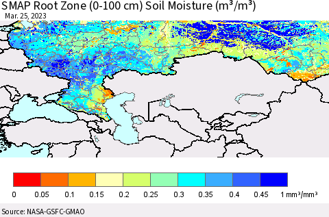 Russian Federation SMAP Root Zone (0-100 cm) Soil Moisture (m³/m³) Thematic Map For 3/21/2023 - 3/25/2023