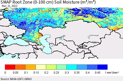 Russian Federation SMAP Root Zone (0-100 cm) Soil Moisture (m³/m³) Thematic Map For 3/26/2023 - 3/31/2023