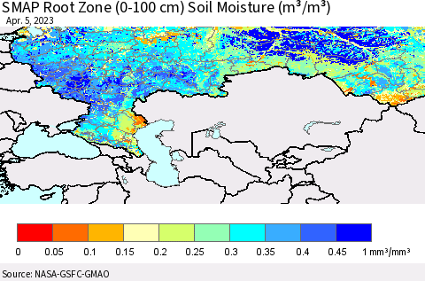 Russian Federation SMAP Root Zone (0-100 cm) Soil Moisture (m³/m³) Thematic Map For 4/1/2023 - 4/5/2023