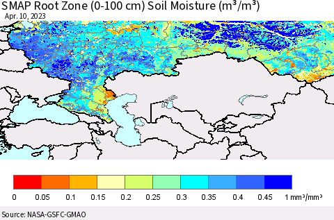 Russian Federation SMAP Root Zone (0-100 cm) Soil Moisture (m³/m³) Thematic Map For 4/6/2023 - 4/10/2023