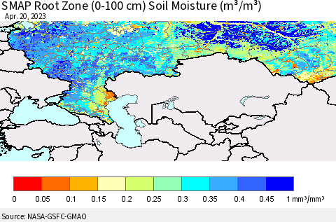Russian Federation SMAP Root Zone (0-100 cm) Soil Moisture (m³/m³) Thematic Map For 4/16/2023 - 4/20/2023