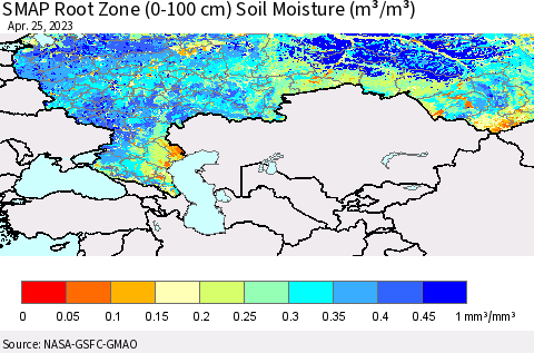 Russian Federation SMAP Root Zone (0-100 cm) Soil Moisture (m³/m³) Thematic Map For 4/21/2023 - 4/25/2023