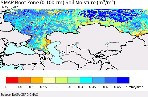 Russian Federation SMAP Root Zone (0-100 cm) Soil Moisture (m³/m³) Thematic Map For 5/1/2023 - 5/5/2023
