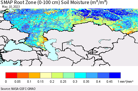 Russian Federation SMAP Root Zone (0-100 cm) Soil Moisture (m³/m³) Thematic Map For 5/6/2023 - 5/10/2023