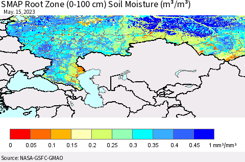 Russian Federation SMAP Root Zone (0-100 cm) Soil Moisture (m³/m³) Thematic Map For 5/11/2023 - 5/15/2023
