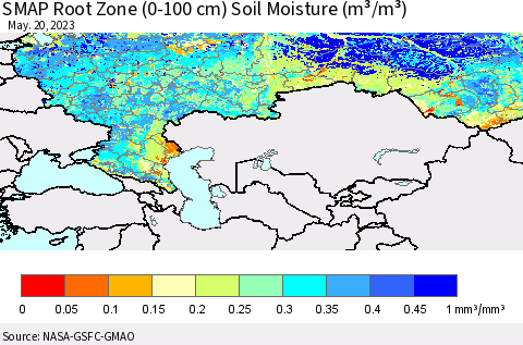 Russian Federation SMAP Root Zone (0-100 cm) Soil Moisture (m³/m³) Thematic Map For 5/16/2023 - 5/20/2023