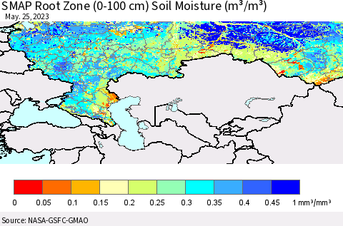 Russian Federation SMAP Root Zone (0-100 cm) Soil Moisture (m³/m³) Thematic Map For 5/21/2023 - 5/25/2023
